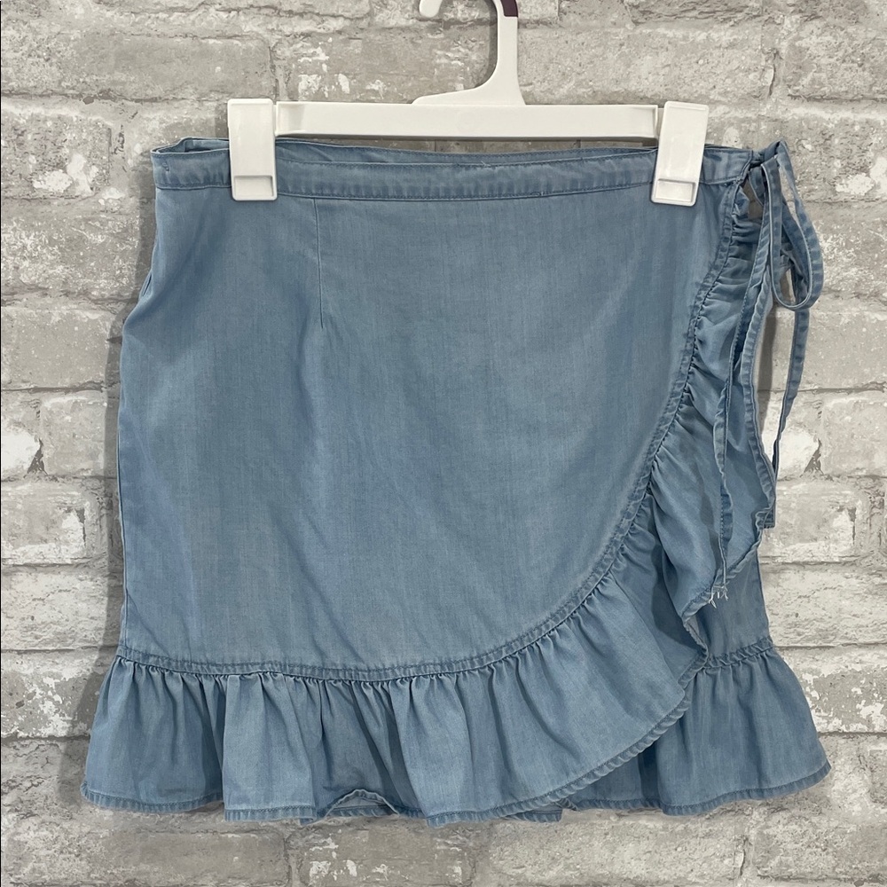 ASOS Denim Blue Asymmetrical Wrap Ruffle Skirt